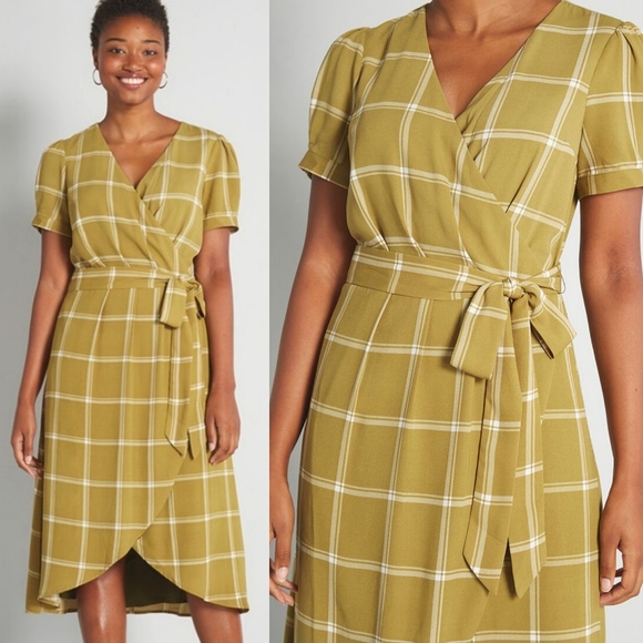 Modcloth Dresses & Skirts - Modcloth Chartreuse Poetic Presence Faux Wrap Dress